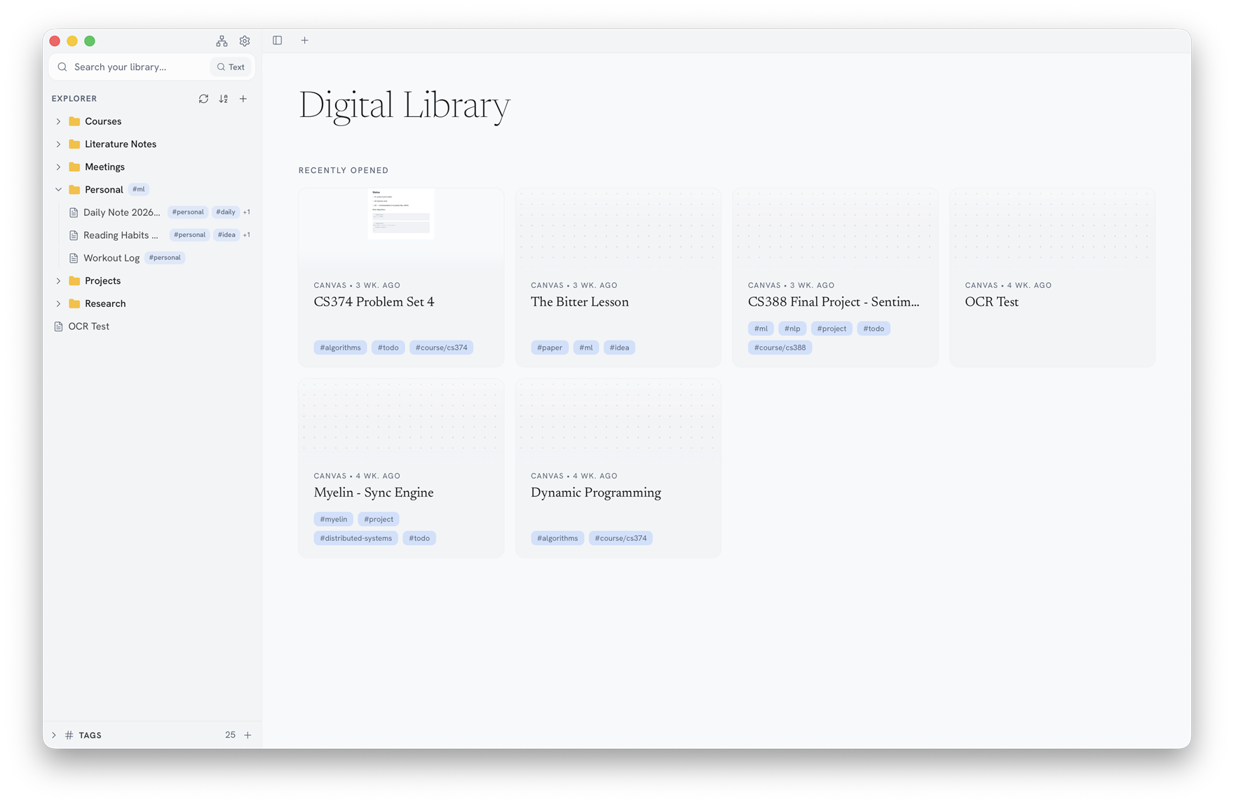 The Myelin Notes library with folders, note cards, tags, and search