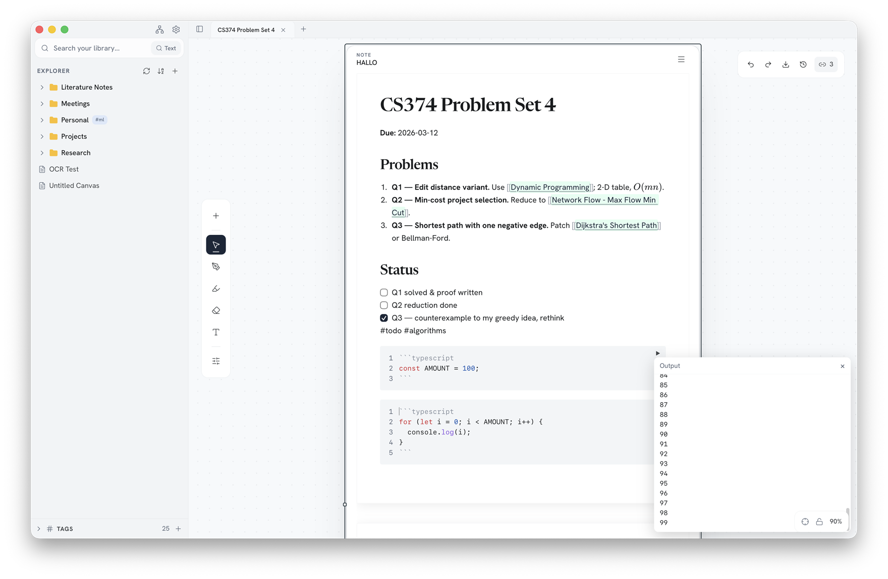 A Myelin page frame with headings, note links, a checklist, inline math, and code blocks running with their output beside them